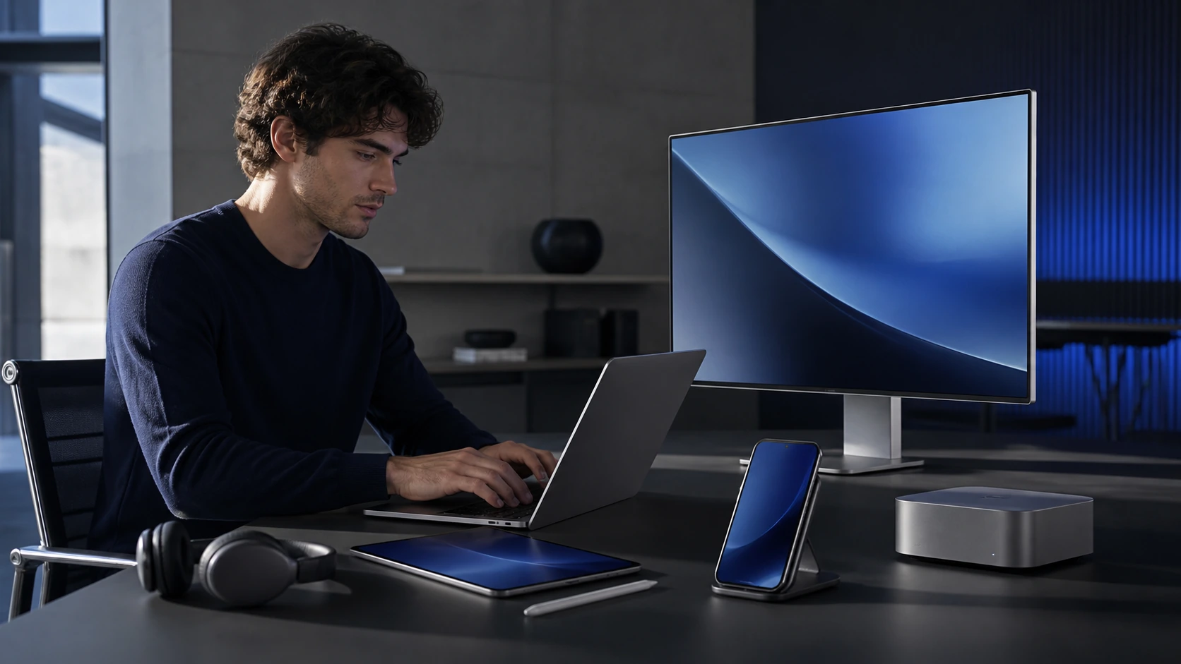 Creative professional using a connected RyteLumo technology setup